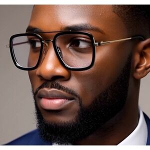 Square Frame Glasses Clear Lens‎ Silver Metal Black Rim Fashion Eyewear Casual